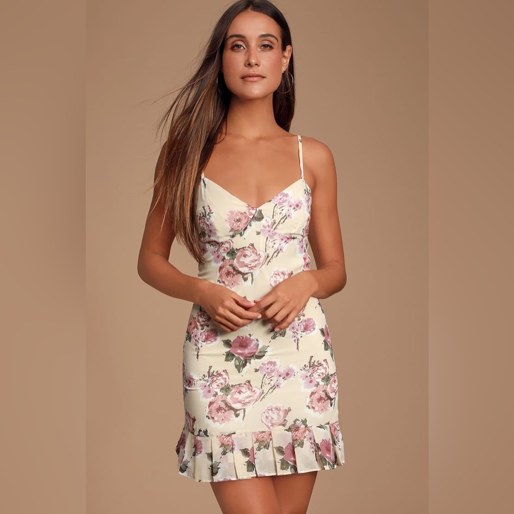 NWT Lulus Encanto Beige Floral Print Mini Dress